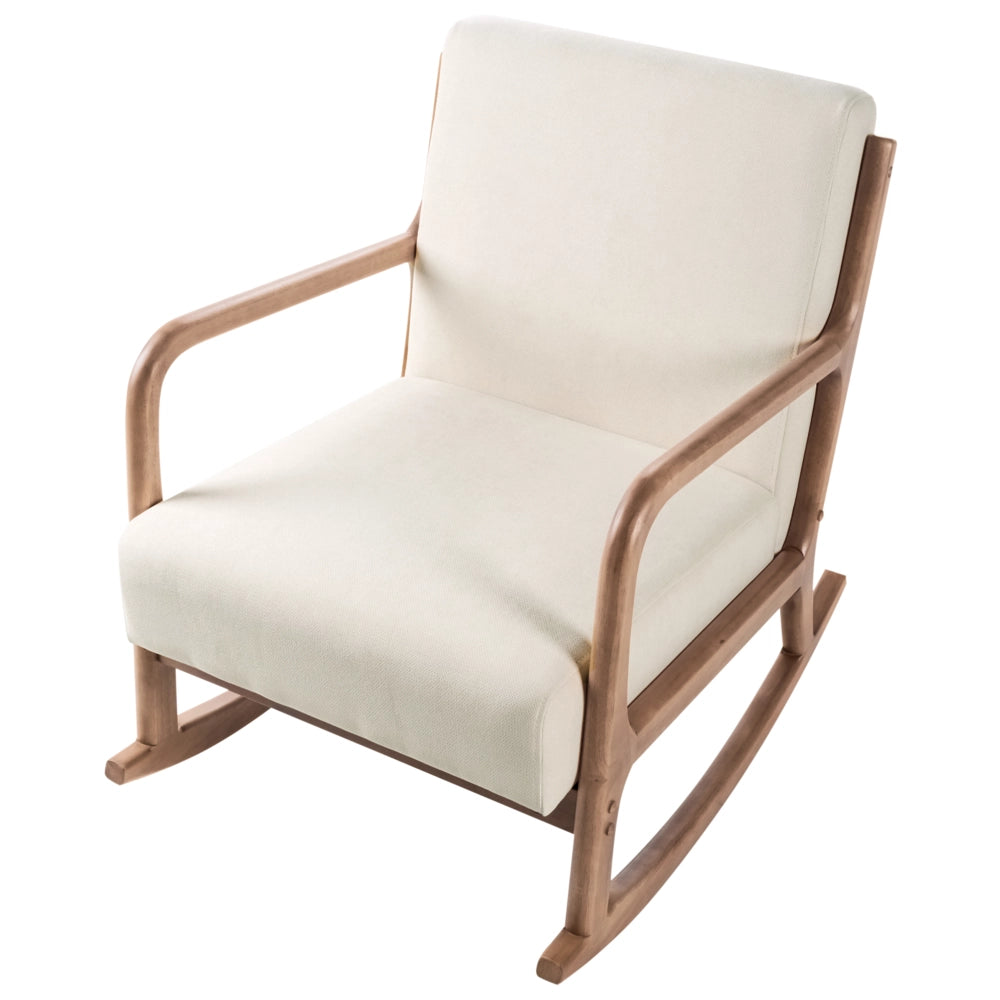 Sedia a dondolo Beige Chiaro Tessuto Gambe in legno con braccioli e cuscino Soggiorno classico tradizionale