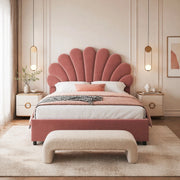 Letto matrimoniale imbottito ULEVR 140x200 cm con contenitore idraulico e testiera floreale, velluto rosa