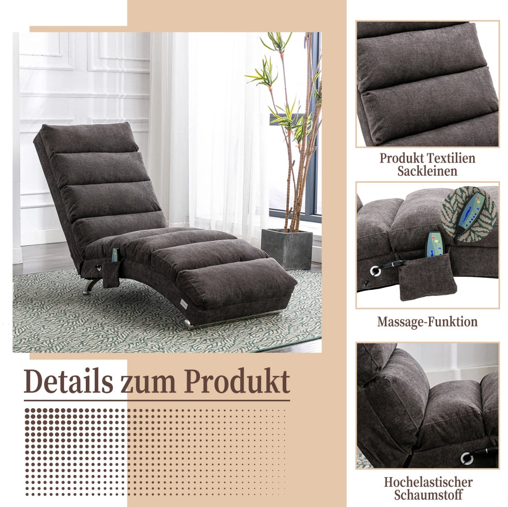Chaise longue relax con vibrazione; schienale ergonomico 140°; in lino grigio scuro; 55x148x84 cm