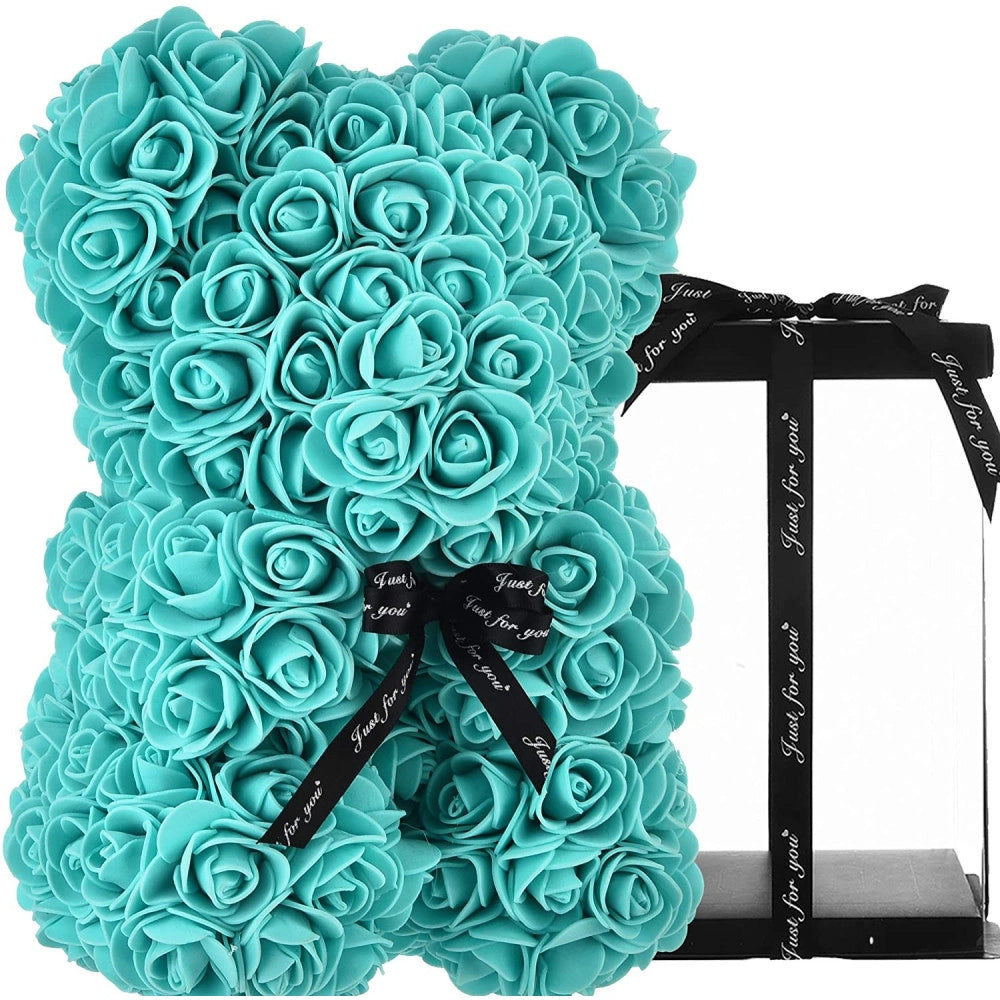 Trade Shop - Orsacchiotto Di Rose Con Fiori Artificiali Da 40cm In Scatola Confezione Regalo - Celeste