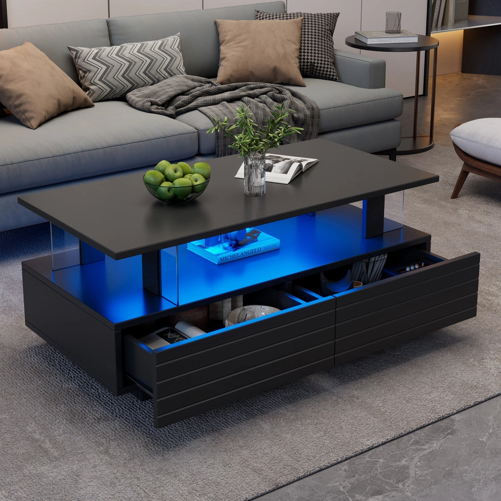 Tavolino da caffè con 2 cassetti; LED e ripiano aperto per soggiorno in acrilico 100×50×42 cm nero