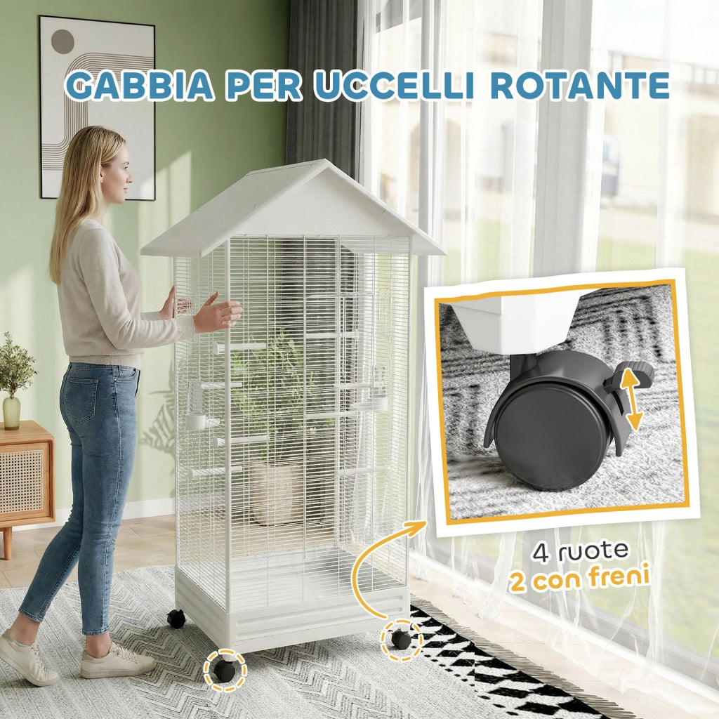 Gabbia per Uccelli Voliera 79x65x155 cm con Ruote in Acciaio Bianco