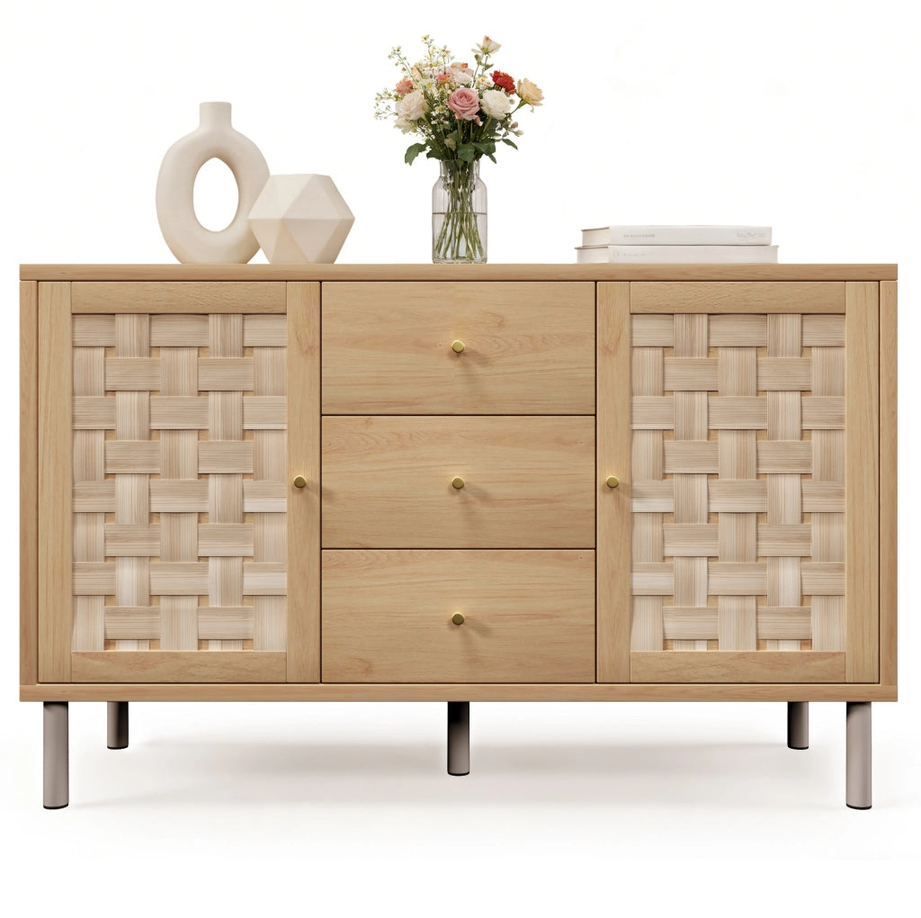 Credenza 120x40x75 cm con 2 ante; 3 cassetti e ripiani regolabili in legno naturale