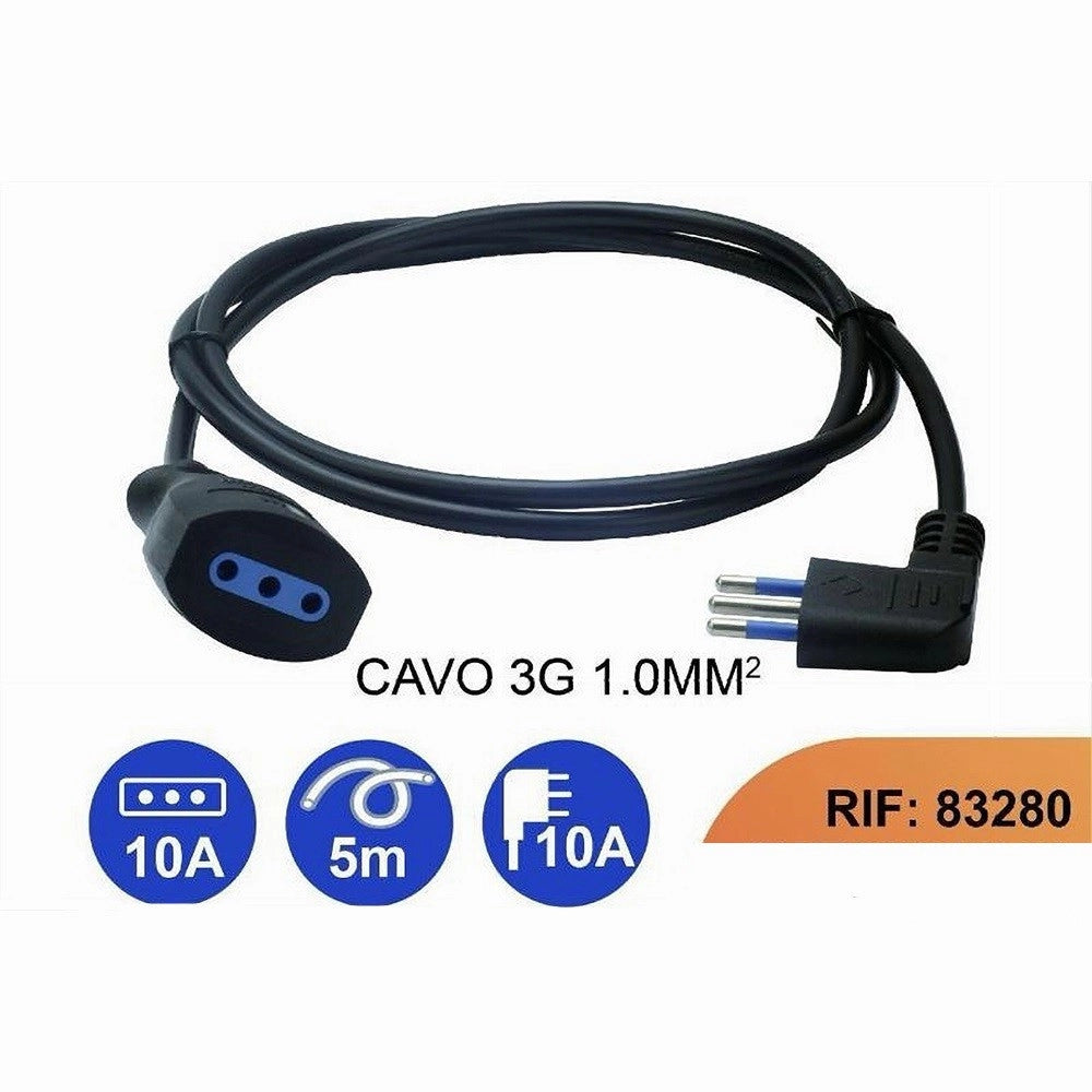 Trade Shop - Prolunga Lineare 5 Metri Con Spina 10a 2p+t + Presa 10a 2p+t Cavo 90° Nera 83280 -