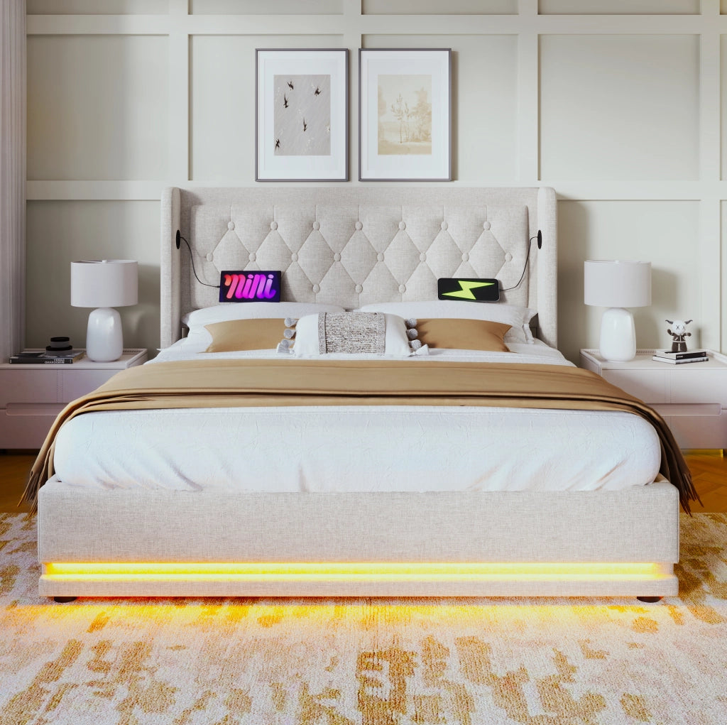 Letto matrimoniale 180x200 cm con contenitore; testiera trapuntata beige in cotone; USB e LED