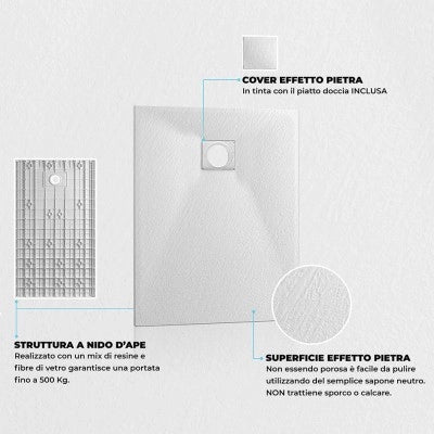 Piatto doccia 80x80 semicircolare bianco pietra in resina riducibile Agorà