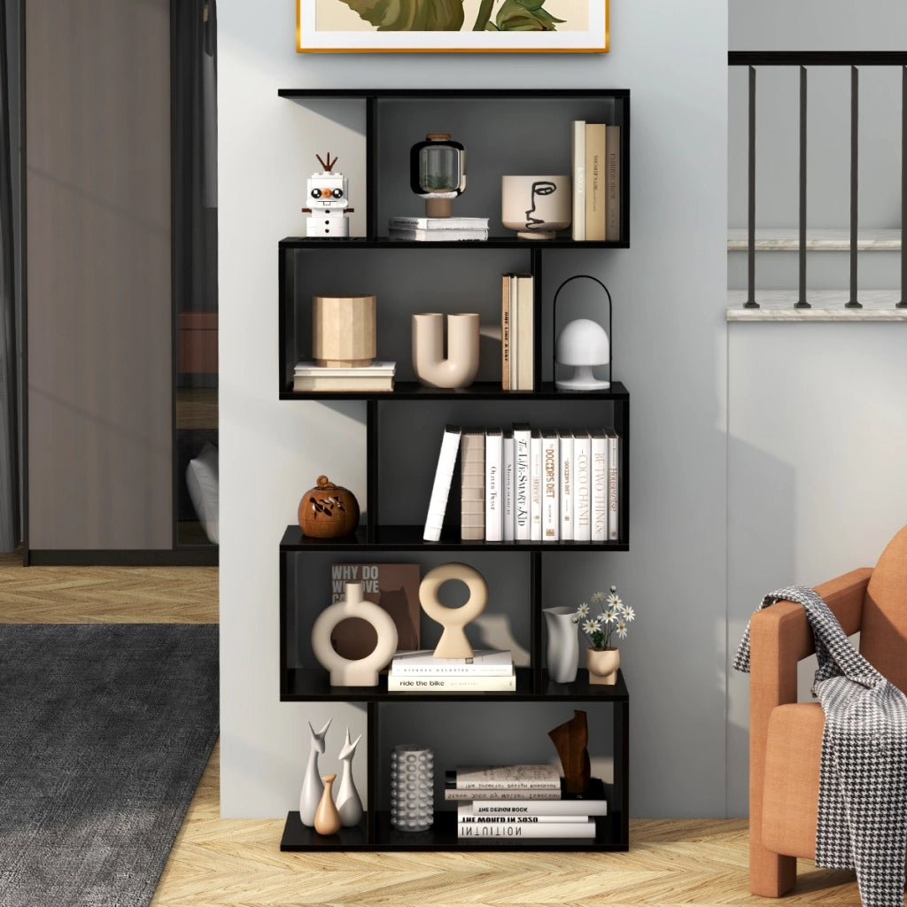 Scaffale a 5 ripiani con dispositivo antiribaltamento-Libreria geometrica a forma di S Nero