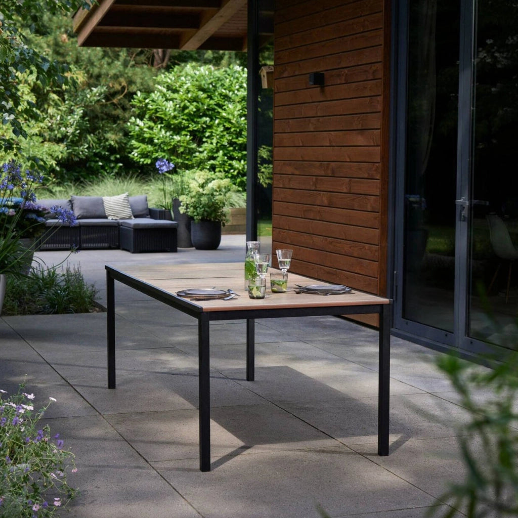 Tavolo da esterno Sarnia, Base per picnic, Piano da pranzo da giardino, Banco outdoor multiuso, 159x95 h75 cm, Rovere e Antracite