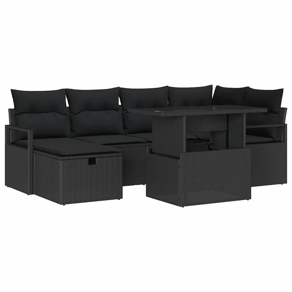 Set Divano da Giardino con cuscino 7 pcs Nero Poly Rattan