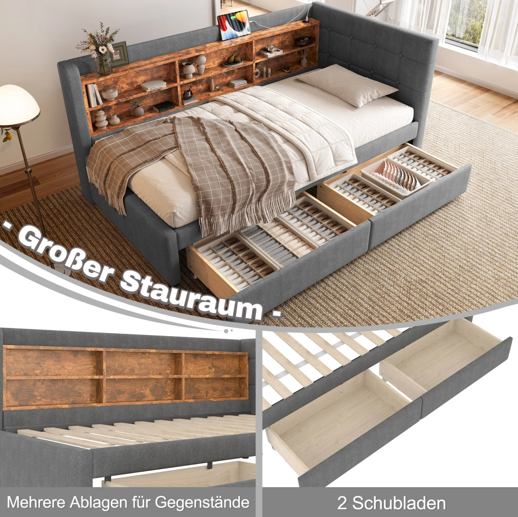 Letto singolo 90x200 cm in lino con 2 cassetti e porte USB