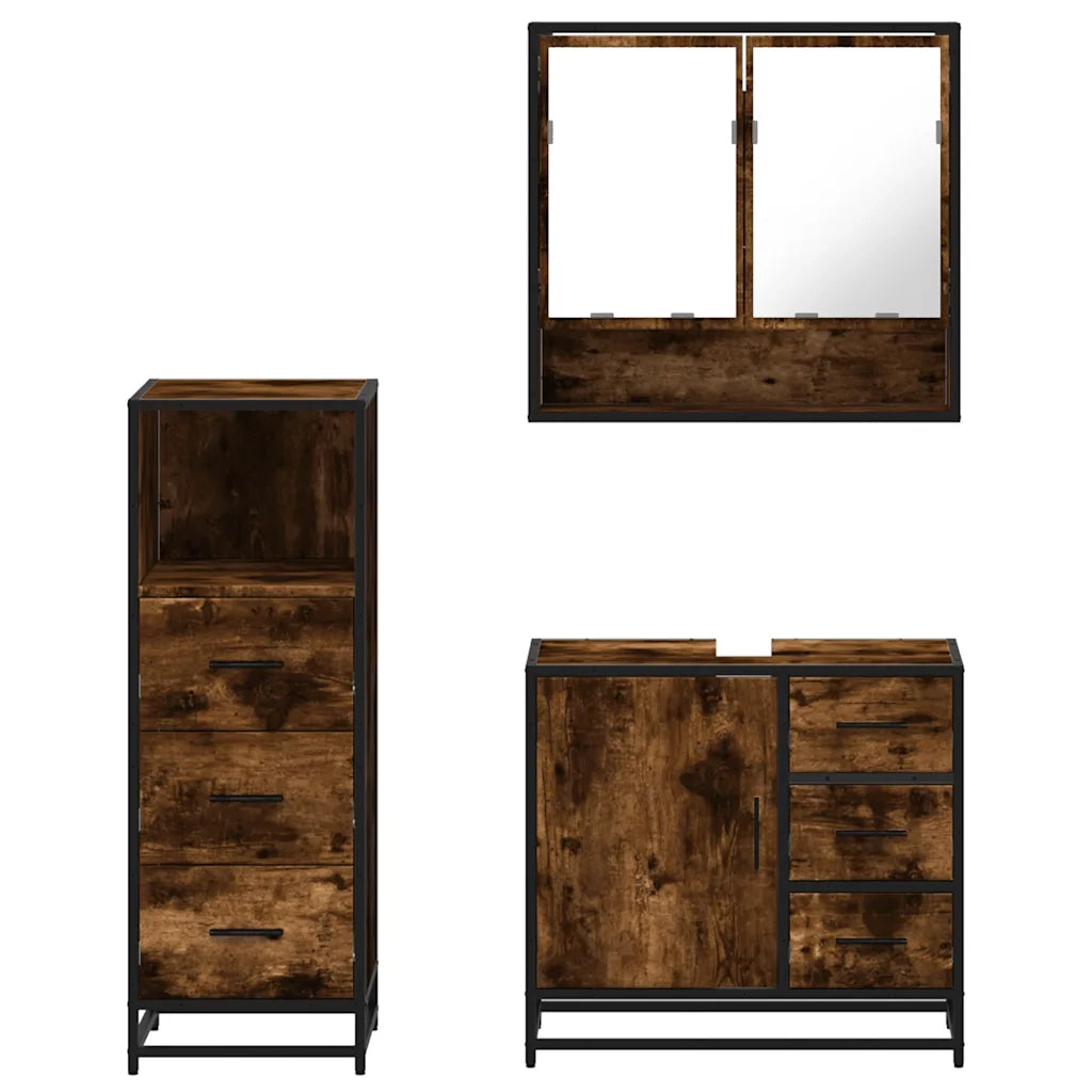 Set Mobili da Bagno 3 pz Rovere Fumo in Legno Multistrato