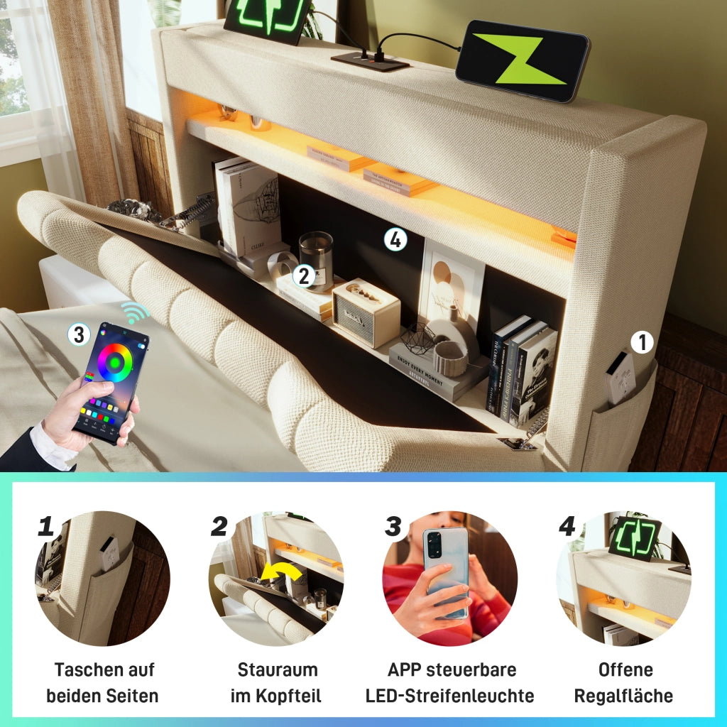 LETTO contenitore 90x200 cm in lino beige con LED e ricarica USB/Type-C