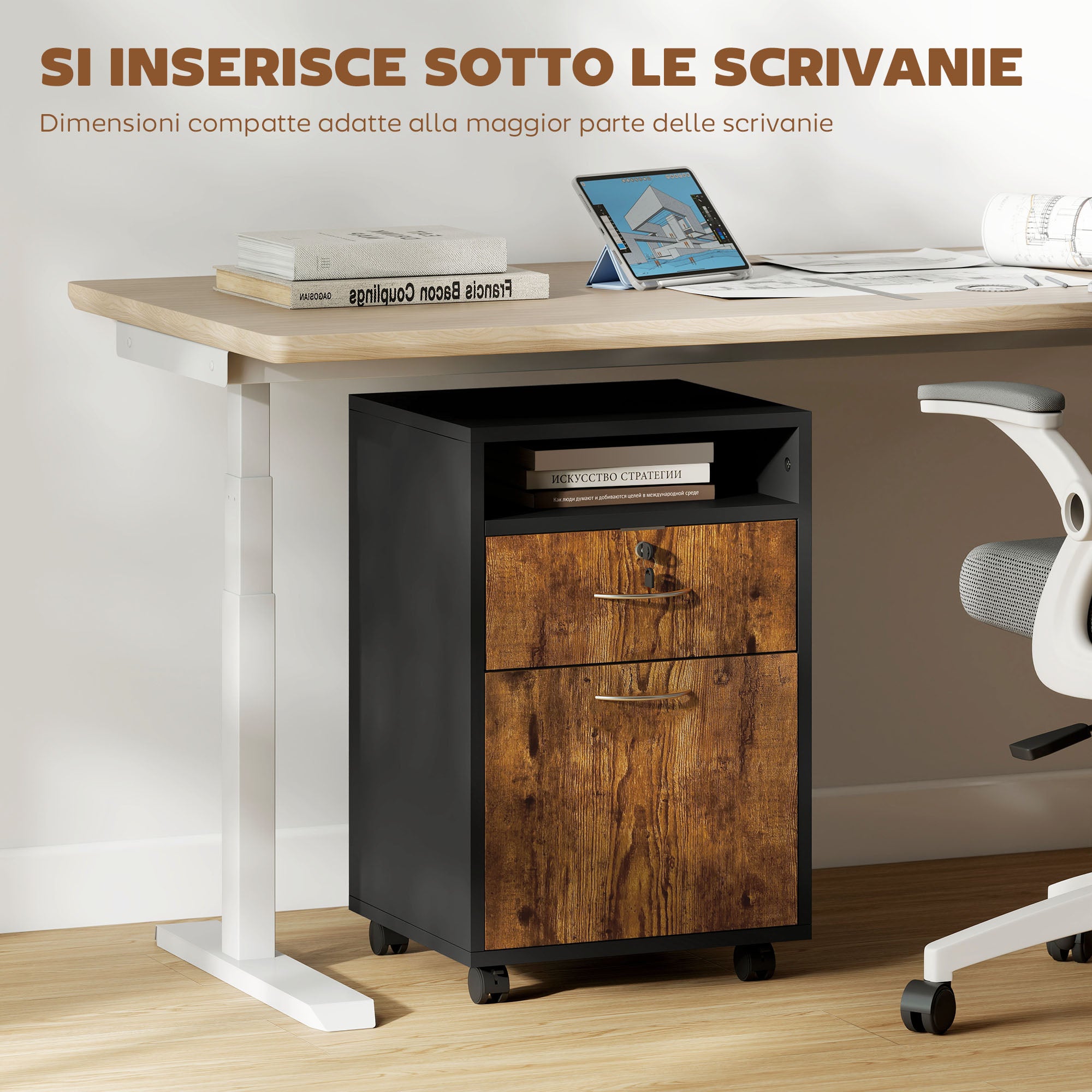 Mobiletto Ufficio con Cassetto e Ruote 40x35x60 cm in Legno Marrone