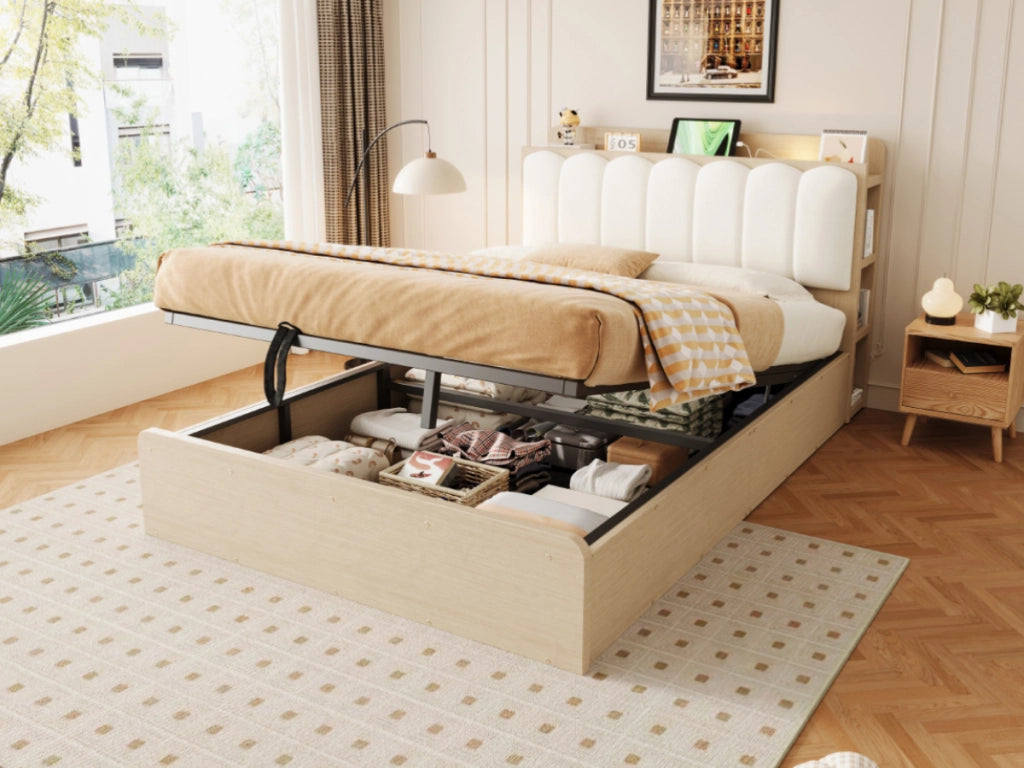 Letto contenitore 140 × 200 cm et 180 × 200 cm con testiera imbottita, USB, luce notturna, senza materasso, naturale