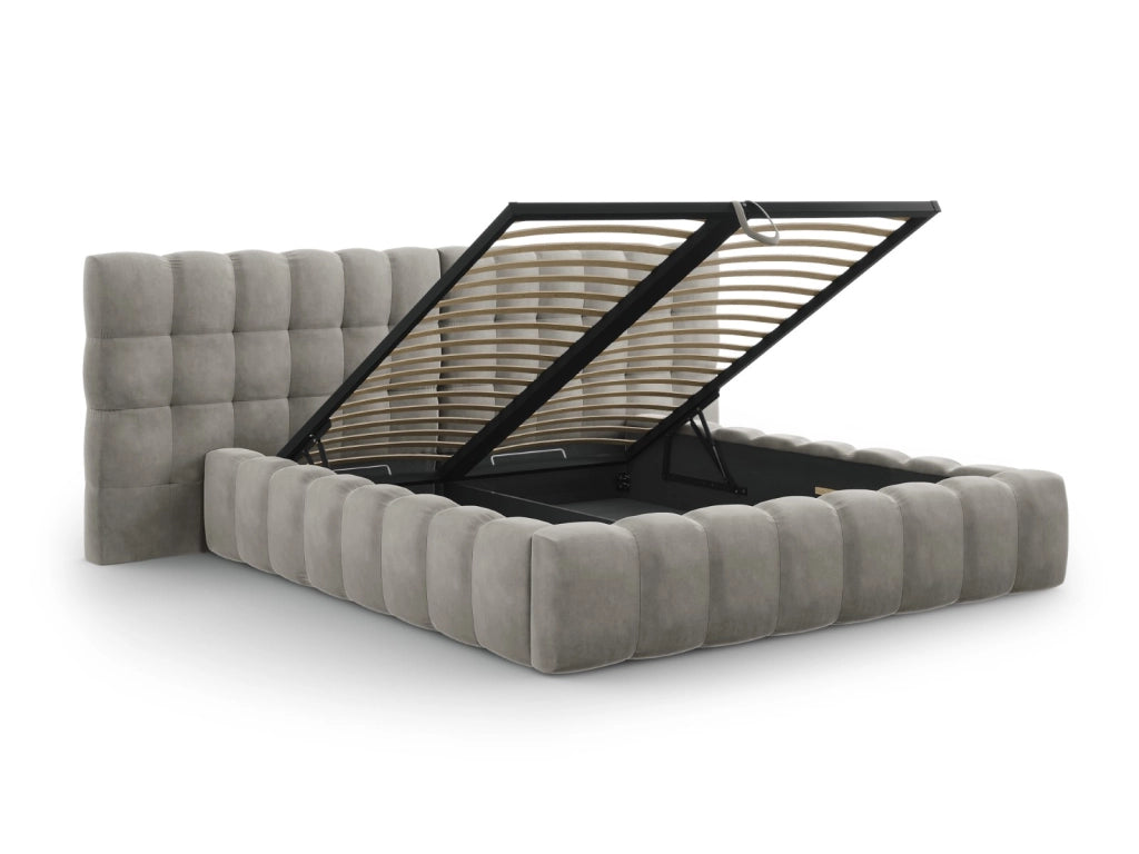 Cosmopolitan Design - Letto a cassettone con testiera doppia "Bali" 200x200cm in velluto grigio chiaro 