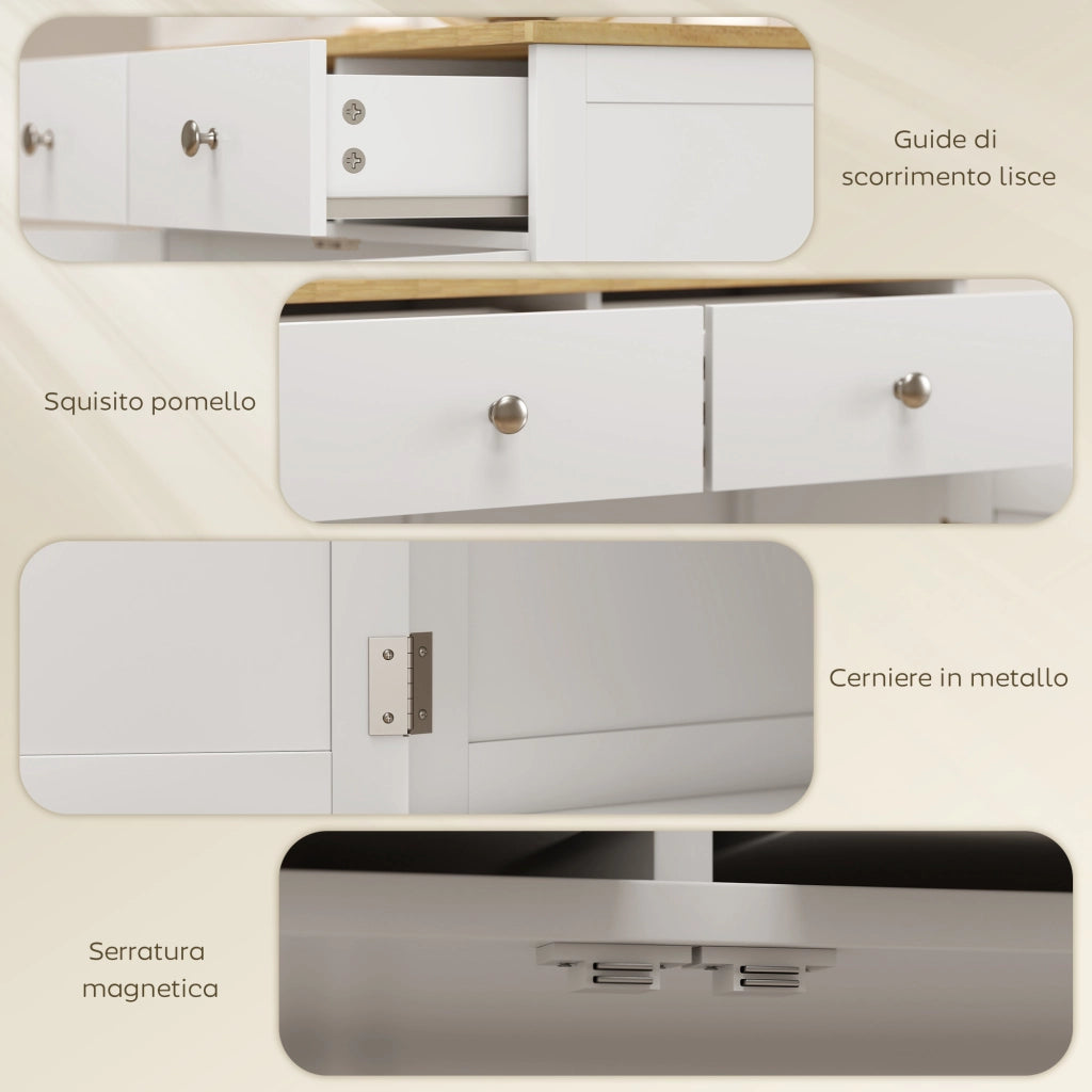 Credenza Bassa con Armadietto 2 Ante. Ripiani Regolabili e 2 Cassetti. Bianco e Legno