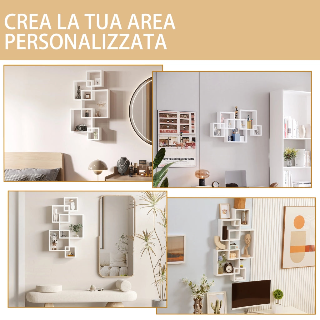 EasyComfort Libreria Moderna Sospesa con 5 Cubi Intrecciati in Legno, 49.5x10.2x86cm, Bianco