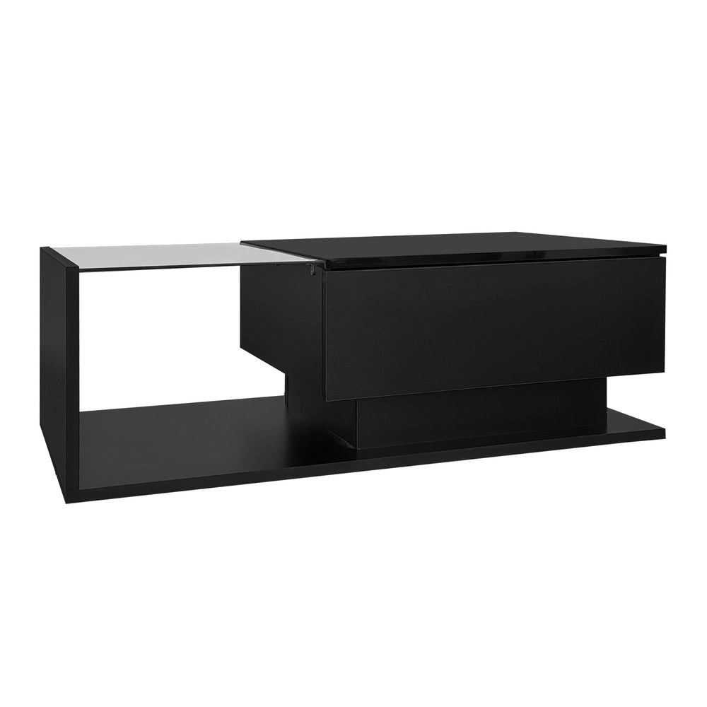 Tavolino da Caff¨¨ con LED e Cassetto ¨C MINIMAL ¨C Nero Lucido, Vetro Temperato, 100x50x32