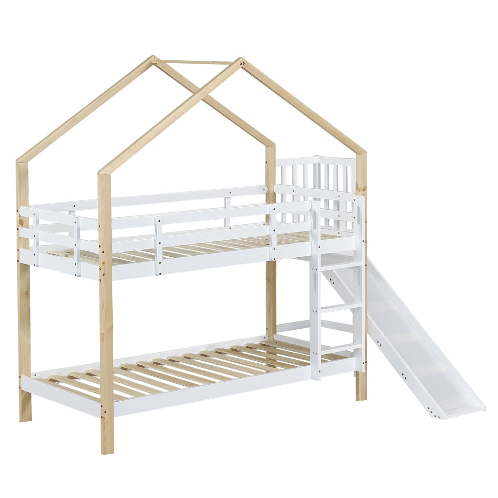 Letto a castello per bambini; 90x200cm; stile casa; con scivolo; scala; ringhiera di sicurezza; bianco