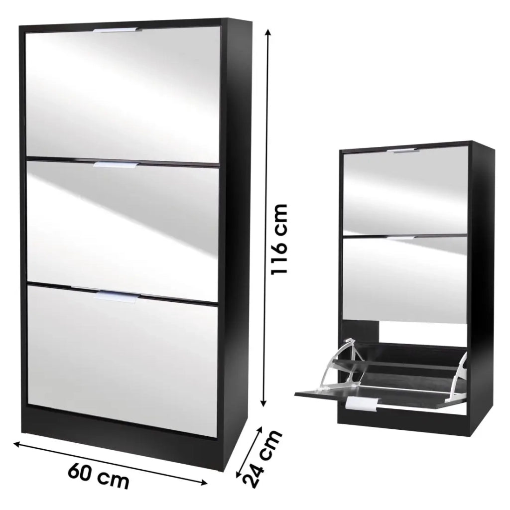 Mobile per scarpe stile design - Colore nero con facciata a specchio - 60x24x116 cm - Collezione REFLEXIO
