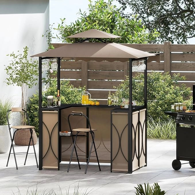 Gazebo per Barbecue, Pergola per BBQ con Tavolo Bar e 2 Sgabelli Bar Pieghevoli, Ripiani di Stoccaggio in Metallo, per Giardino e Cortile, 193 x 117 x 240 cm (Marrone)
