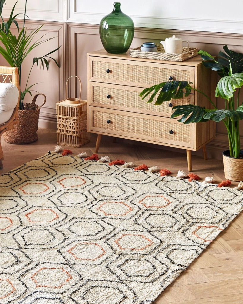 Tappeto in cotone beige e arancione 140 x 200 cm con frange e motivo geometrico camera da letto soggiorno stile boho