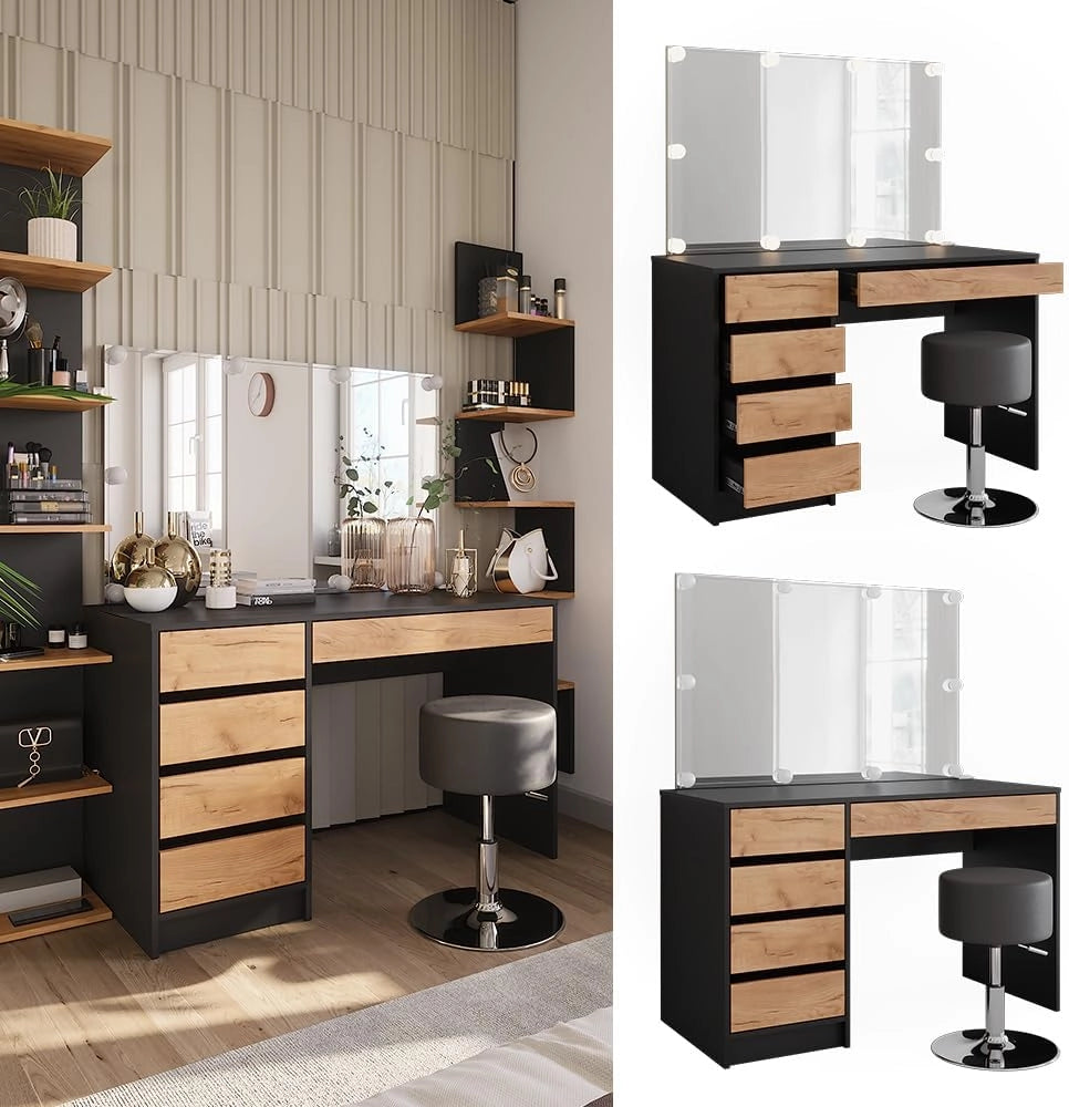 Vicco Tavolo da toilette Sherry, Antracite/quercia dorata, 120 x 75 cm con illuminazione a LED e sgabello