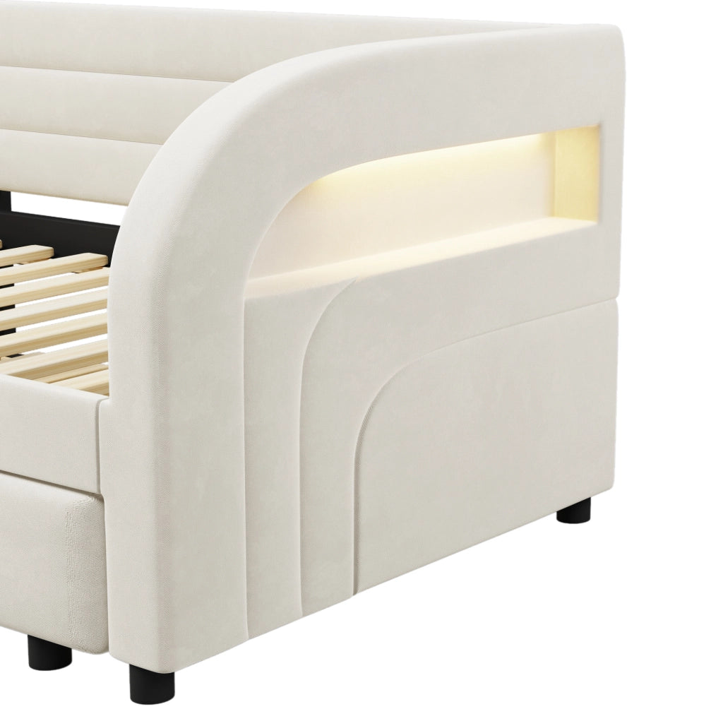 Letto imbottito ULEVR 90x200 cm con letto estraibile e illuminazione LED multicolore, beige