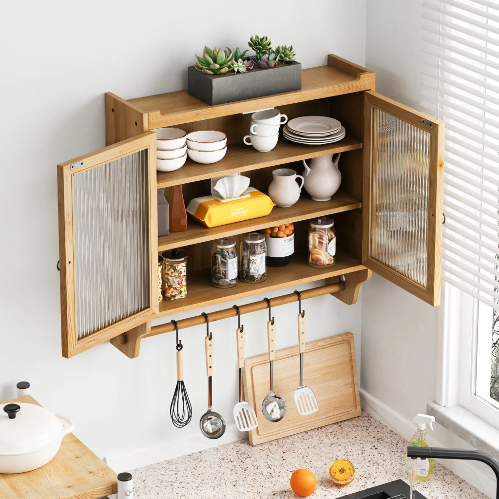 Armadio Pensile con 2 Ante in Vetro Cannelato; 3 Ripiani; Porta-Asciugamani; Stile Vintage; in Legno e MDF; 63×60×18 cm; Naturale