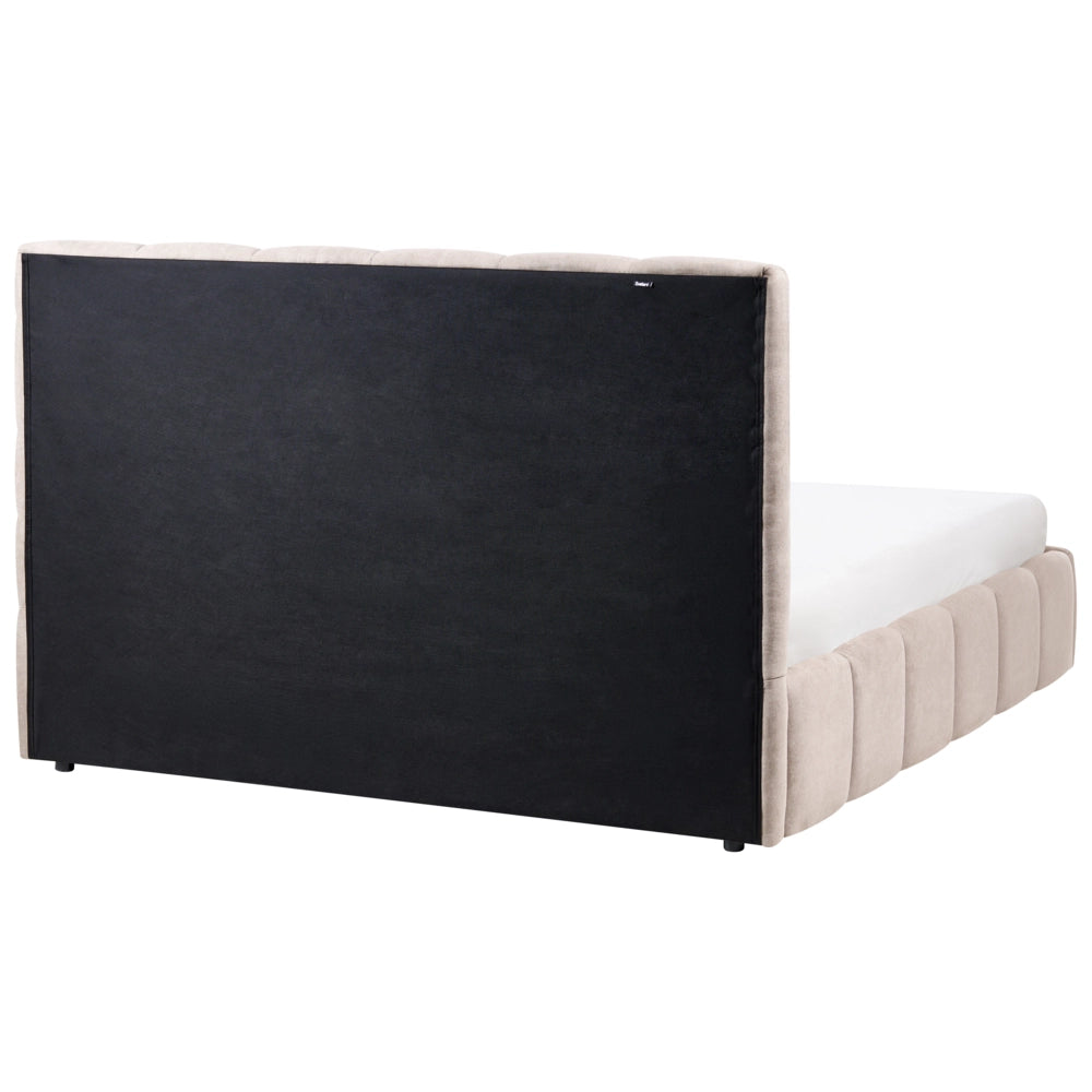 Letto matrimoniale contenitore con trapuntatura verticale in tessuto tortora 160x200 cm struttura sollevabile e testiera alta
