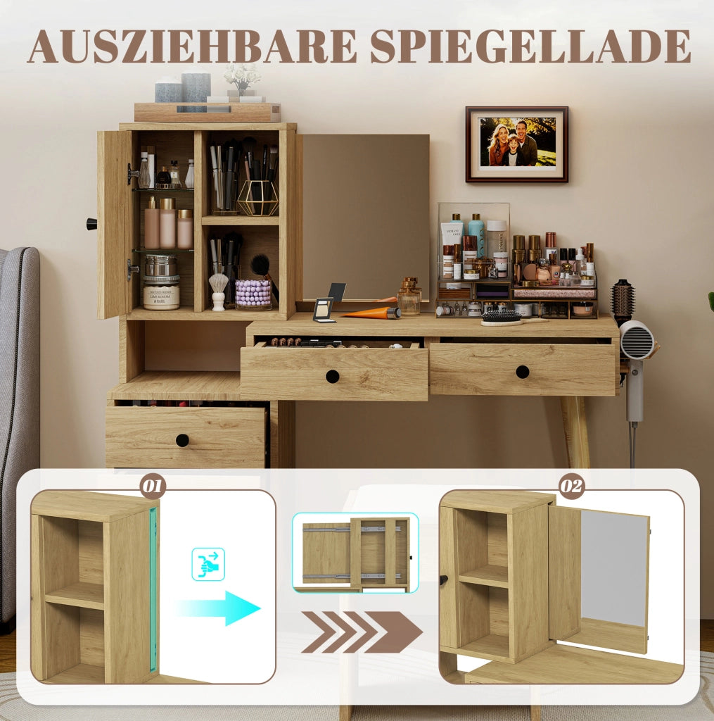 Tavolo da trucco moderno con specchio estraibile; piano allungabile 84 x 40 cm; legno ingegnerizzato naturale e beige