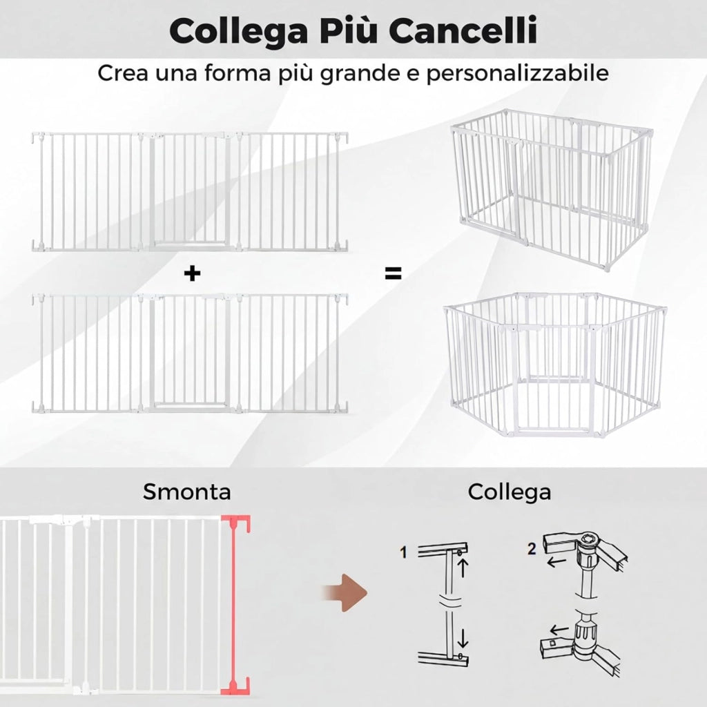 198 cm Cancelletto a 3 Pannelli per Cani, Recinzione Pieghevole in Metallo con Doppia Chiusura, Apertura Bidirezionale Cancello per Bambini e Animali, Ideale per Scala e Camino (Bianco)