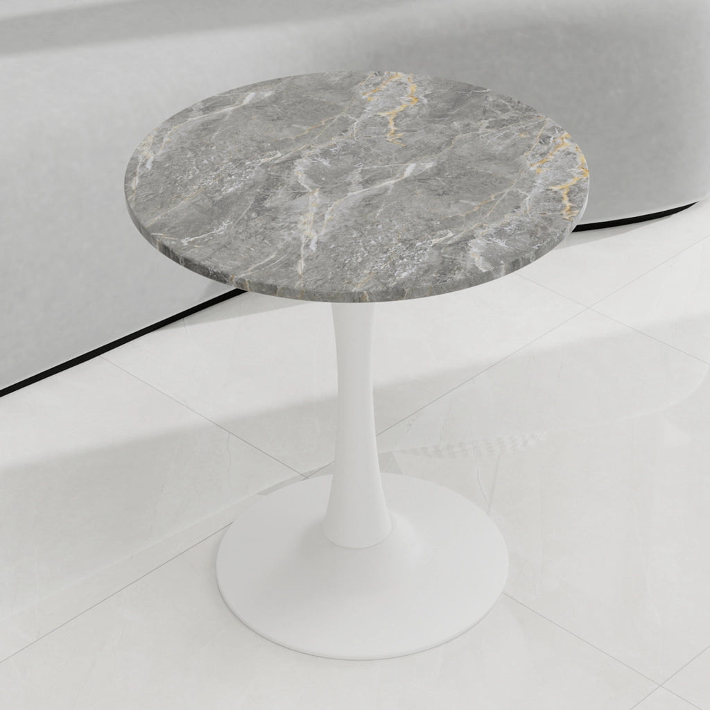 Tavolo da pranzo - rotondo 70 cm - stile mid-century - marmo grigio scuro - per 2-4 persone - bianco