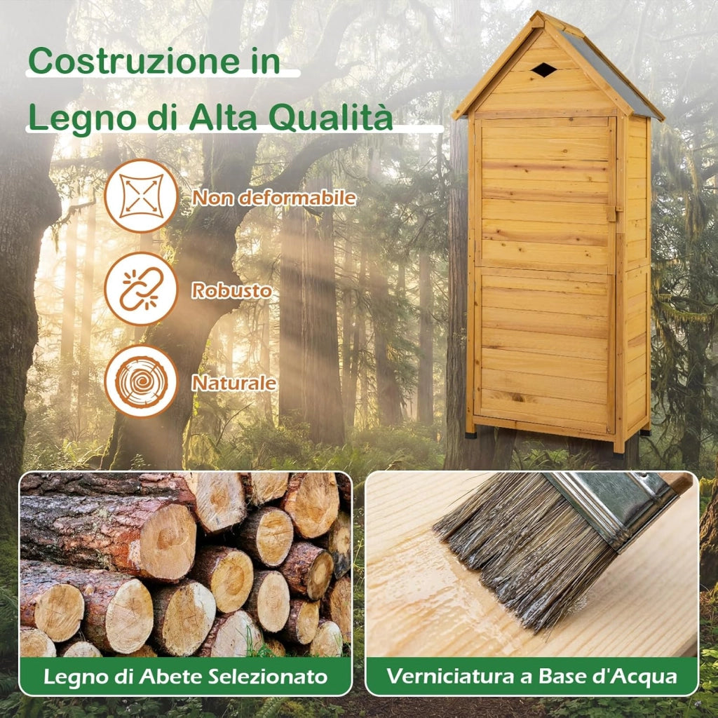 Armadio da Esterno in Legno, Casetta da Esterno con Ante, Ripiani Rimovibili, Serrature e Tetto Inclinato, Armadietto Versatile da Giardino, Balcone e Cortile (81 x 46 x 174 cm)