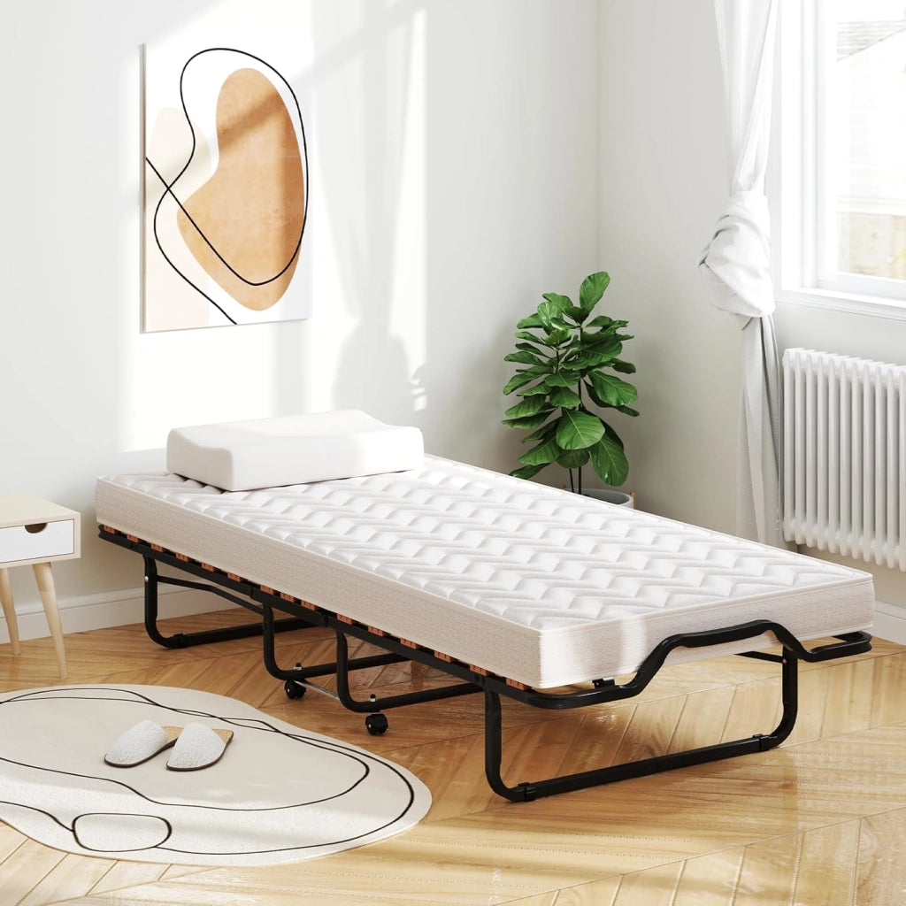 Letto Brandina Pieghevole, con Materasso in Memory Foam 4 Ruote Girevoli, Trapuntatura a Onda con Imbottitura a Doppia Fibra, 200x80x40cm, Made in Italy (Stile 2 Beige)