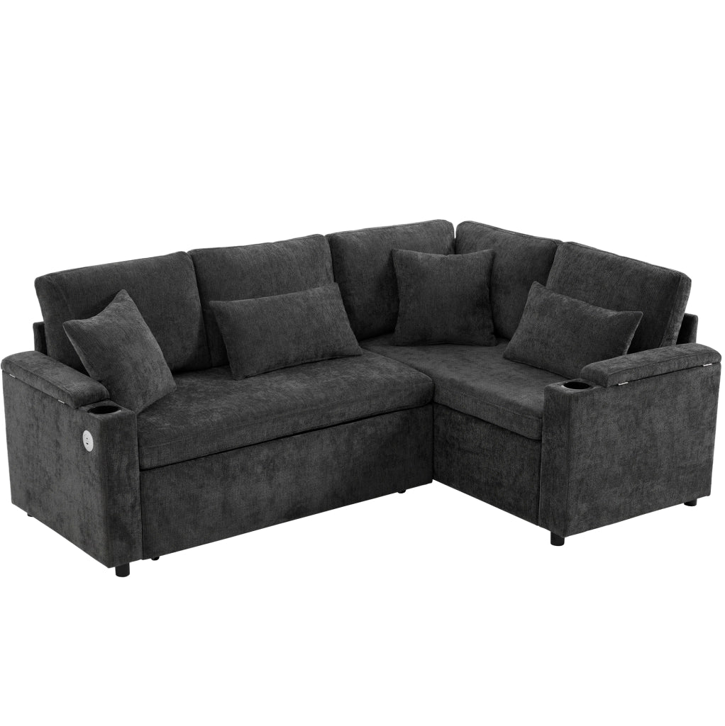 Divano letto angolare a destra con contenitore e USB 206;5x141x86 cm in ciniglia grigio scuro