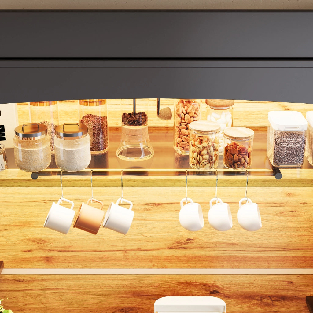Credenza da Cucina Alta con 2 Ante; Ripiano Aperto; LED USB e 6 Ganci; per Cucina o Soggiorno; in MDF e Metallo; 107x43x184 cm; Nero