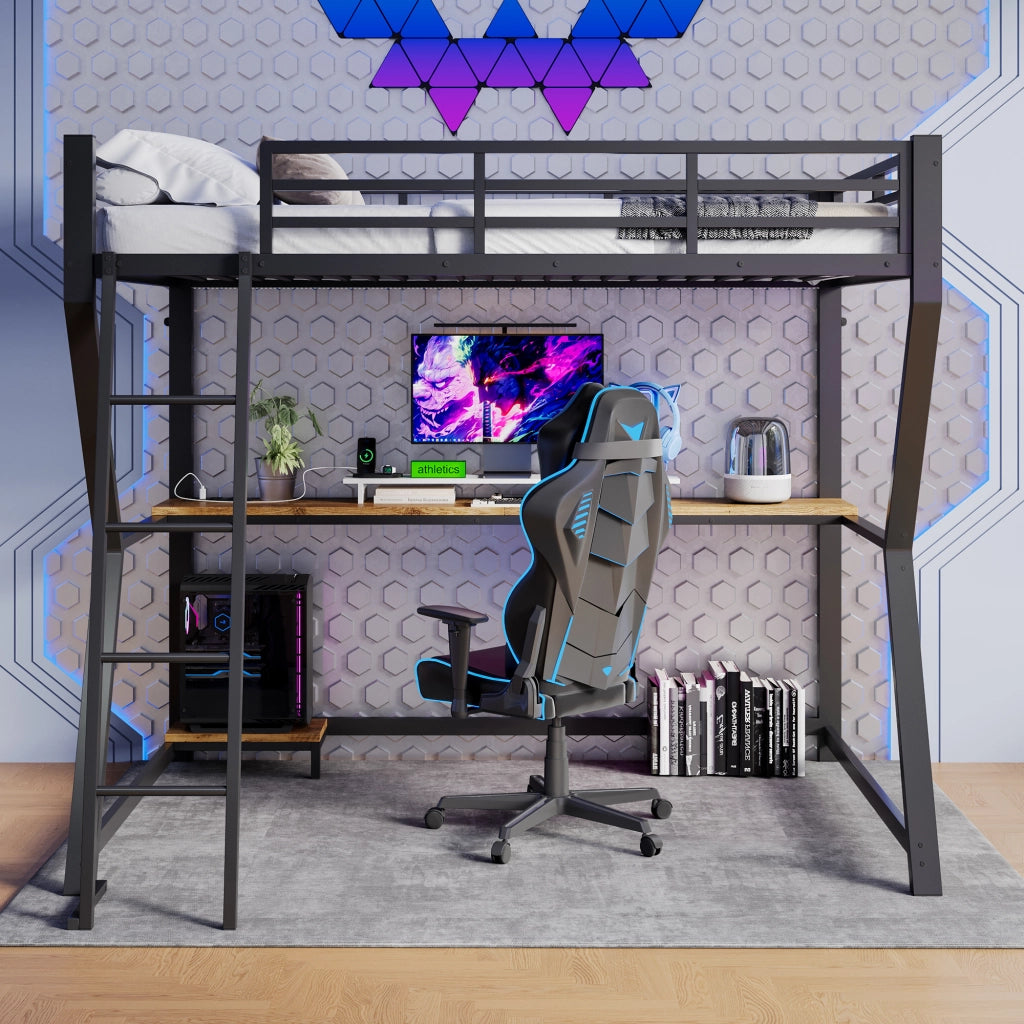 Letto a castello nero in metallo con funzione led e scrivania 90x200 cm