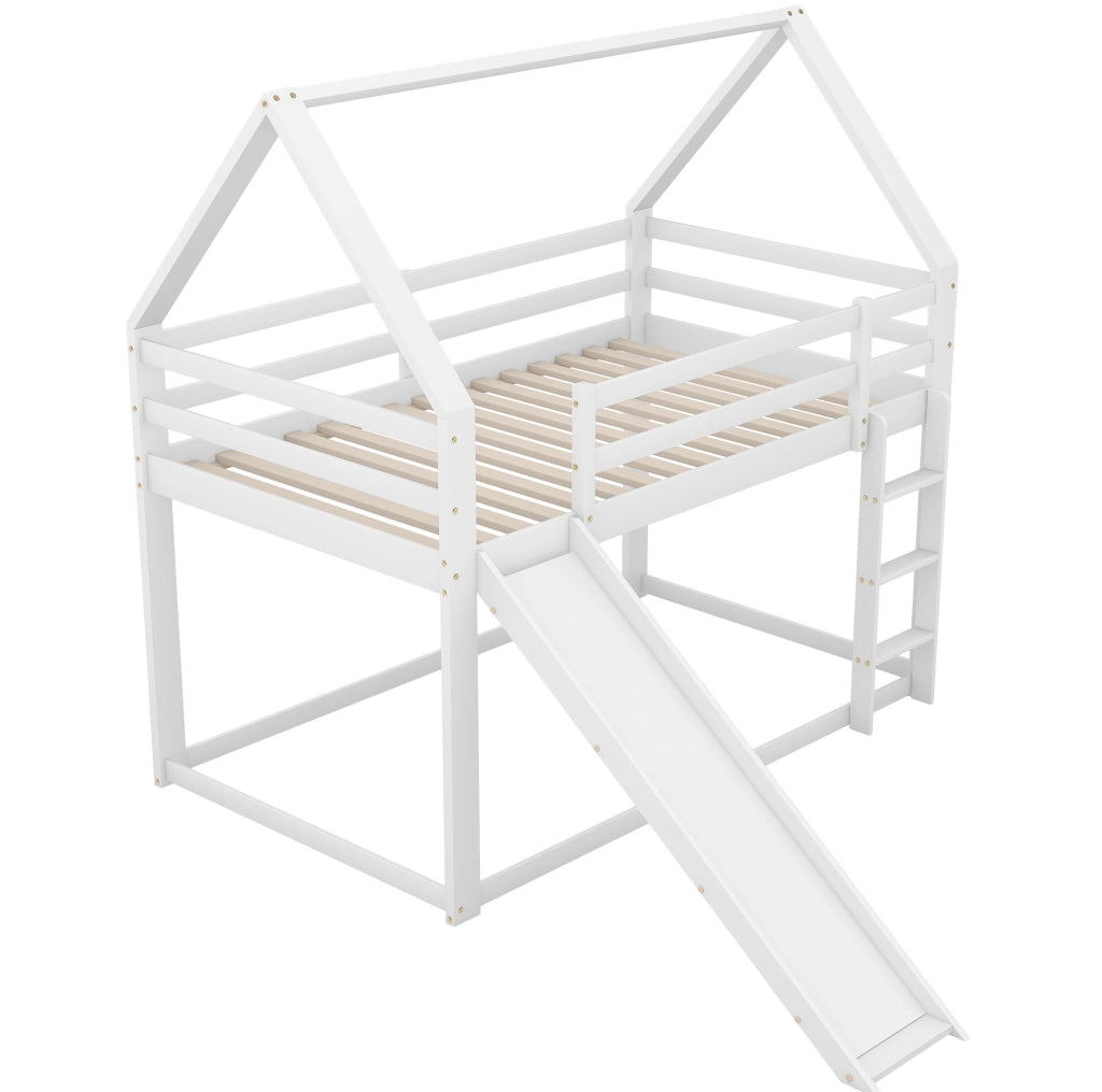Letto a castello 90x200 cm a forma di casa con scivolo e scala in legno bianco