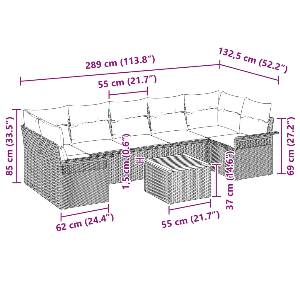Set Divano da Giardino con cuscino 8 pcs Nero polyrattan