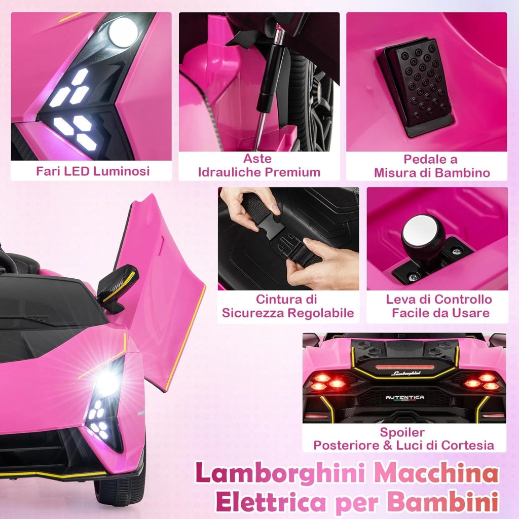 12 V Lamborghini Macchina Elettrica per Bambini, Auto Elettrica Cavalcabile con Telecomando Luci Ammortizzatori a Mola, 3 Velocità, per Bambini 3-8 Anni, 2-4 Km/h (Rosa)