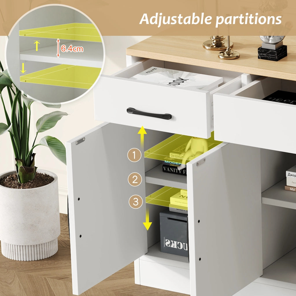Credenza e madia con 3 cassetti e 4 ante in MDF, stile industriale, per soggiorno e ingresso, bianco 160 × 37 × 75 cm