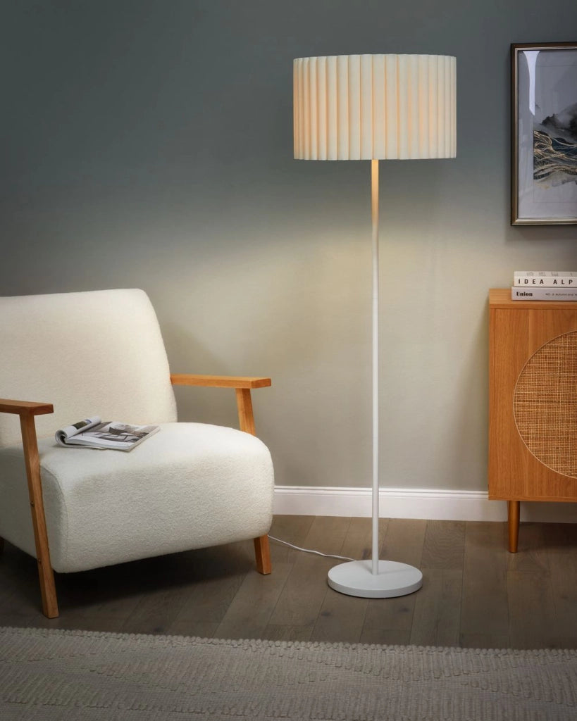 Lampada da terra Bianco Sporco Poliestere Terylene Ferro 154 cm Paralume a tamburo Luce Camera da letto Soggiorno Retrò Classico