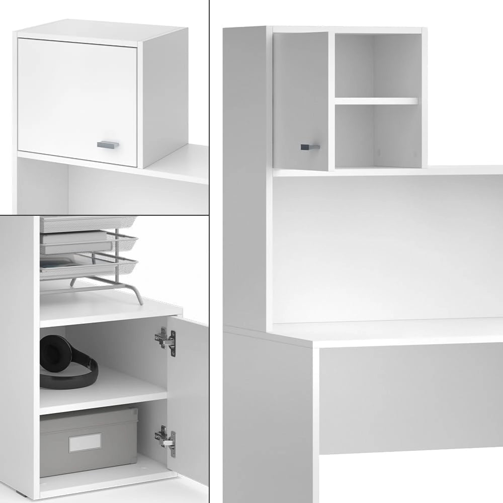 Scrivania con ripiani Alwin, Bianco, 115 x 55 cm con 2 porte, adatto all'uso come postazione di lavoro con superfici d'appoggio
