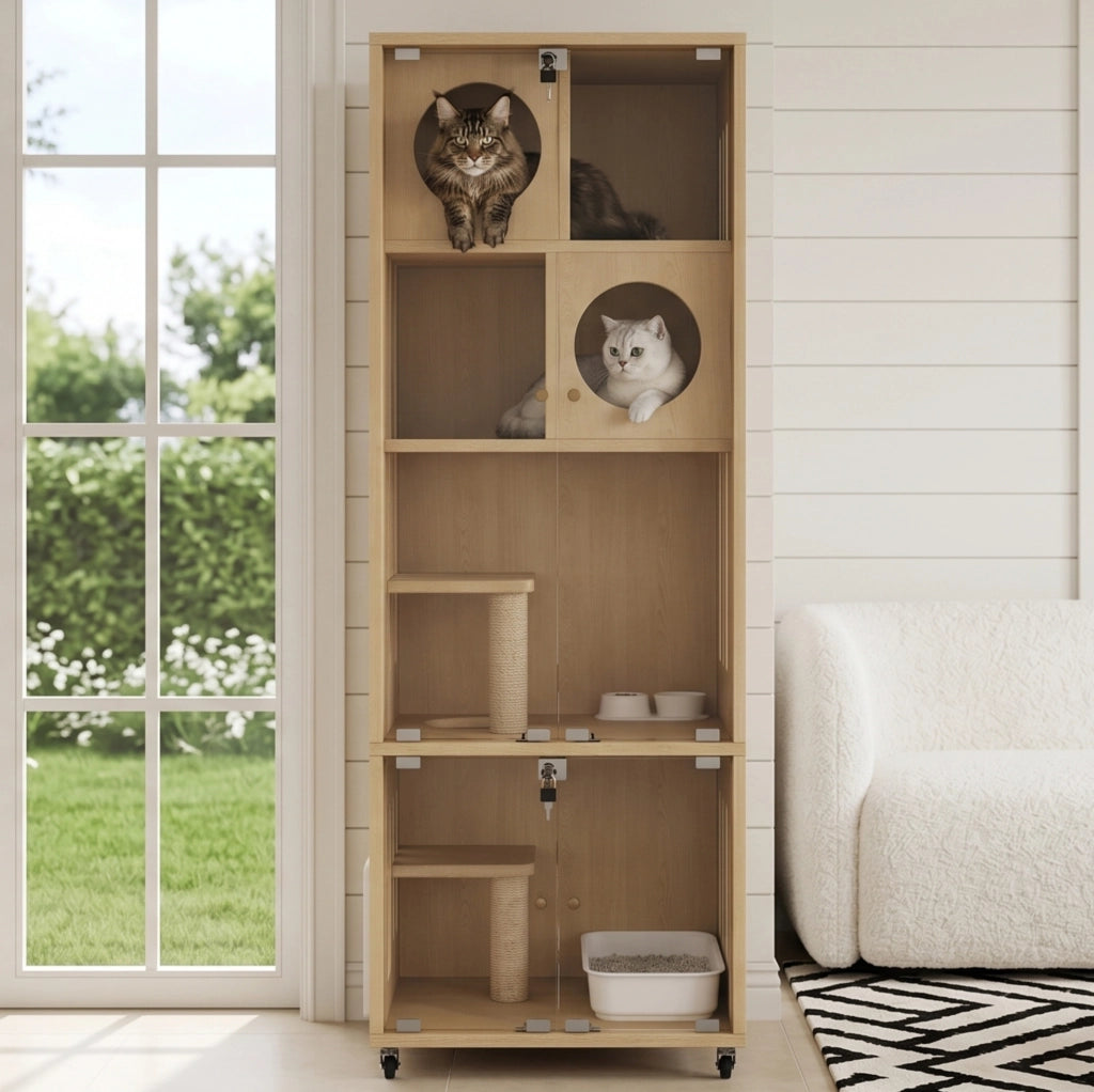 Casa per gatti multiuso in legno naturale con sportello in vetro e rotelle, 60x50x156 cm