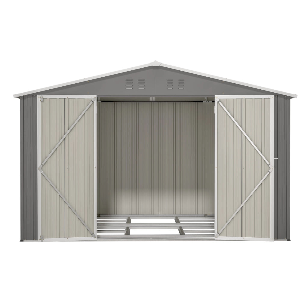 Casetta da giardino con doppie porte scorrevoli serrabili e tetto a due falde in metallo grigio 300 × 252 × 191 cm