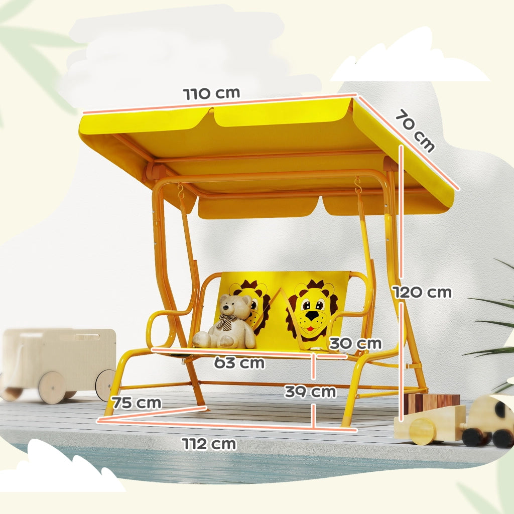 Dondolo per Bambini da Esterno a 2 Posti con Tettuccio Regolabile e Cinture di Sicurezza, 112x75x120 cm, Giallo