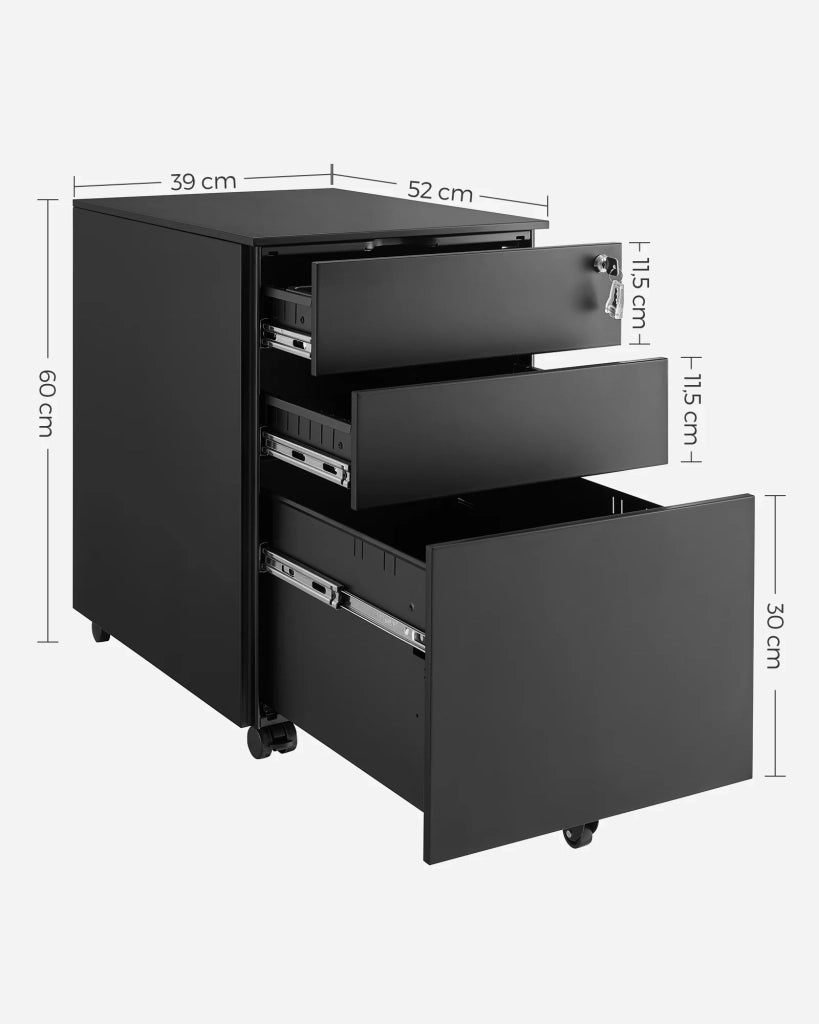 Cassettiera per ufficio su ruote con 3 cassetti e schedario sospeso mobiletto per ufficio con serratura per archivi e documenti corpo del mobile preassemblato nero 12_0004806