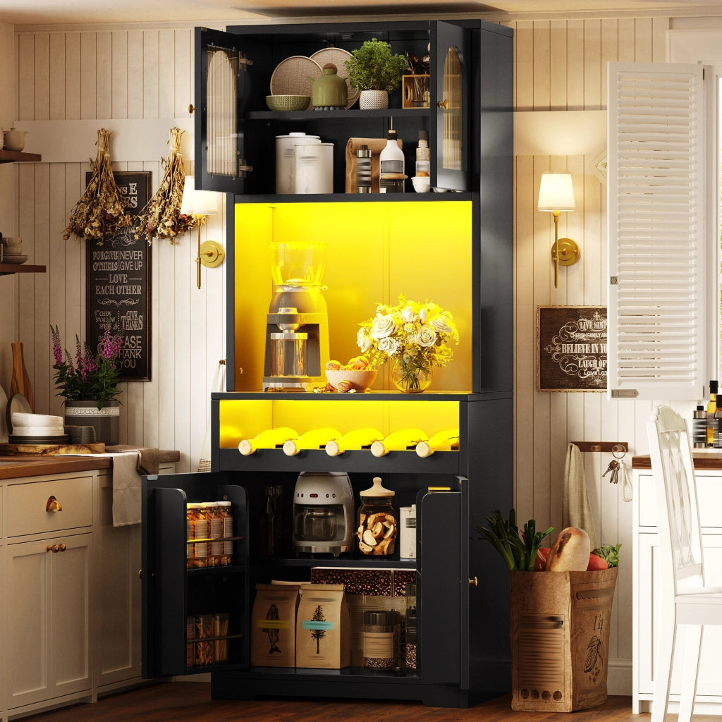Credenza alta con vetrina, LED RGB app, portabottiglie e ripiani regolabili per cucina, nero, 70 × 38,3 × 180 cm