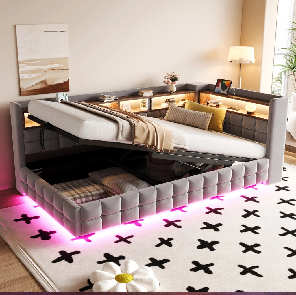 Divano letto imbottito 90x200 cm con contenitore idraulico; LED; USB; presa e mensole in legno; grigio chiaro